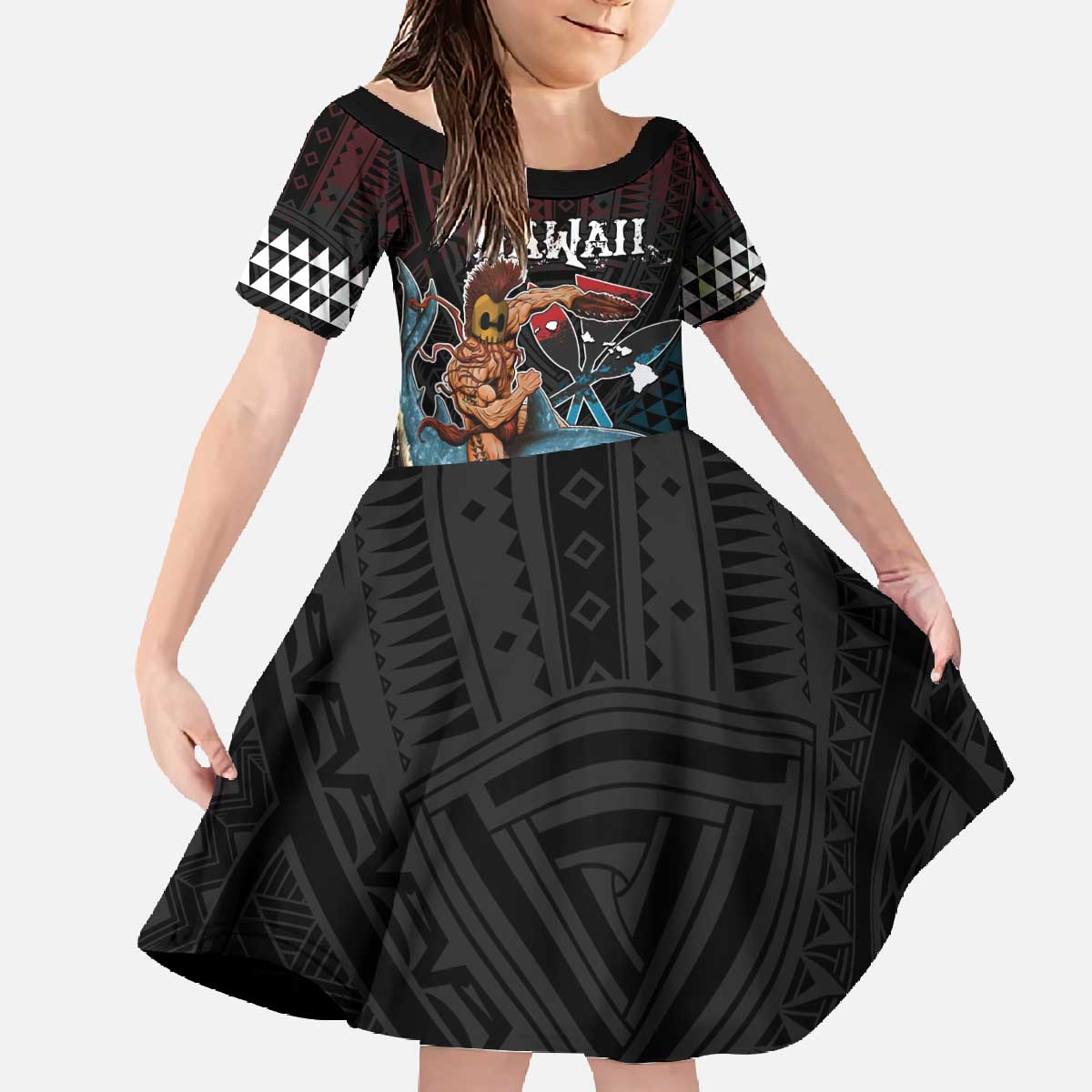 Hawaii Ikaika Family Matching Off The Shoulder Long Sleeve Dress and Hawaiian Shirt Hawaiian Mythic Koa Tribal Warrior LT05 Daughter's Dress Black - Polynesian Pride