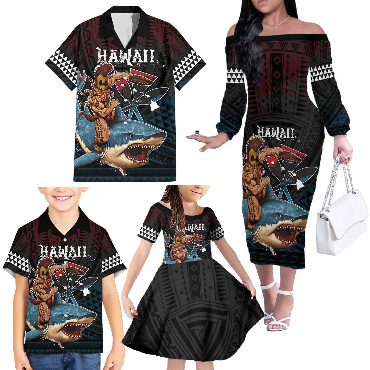Hawaii Ikaika Family Matching Off The Shoulder Long Sleeve Dress and Hawaiian Shirt Hawaiian Mythic Koa Tribal Warrior LT05 - Polynesian Pride