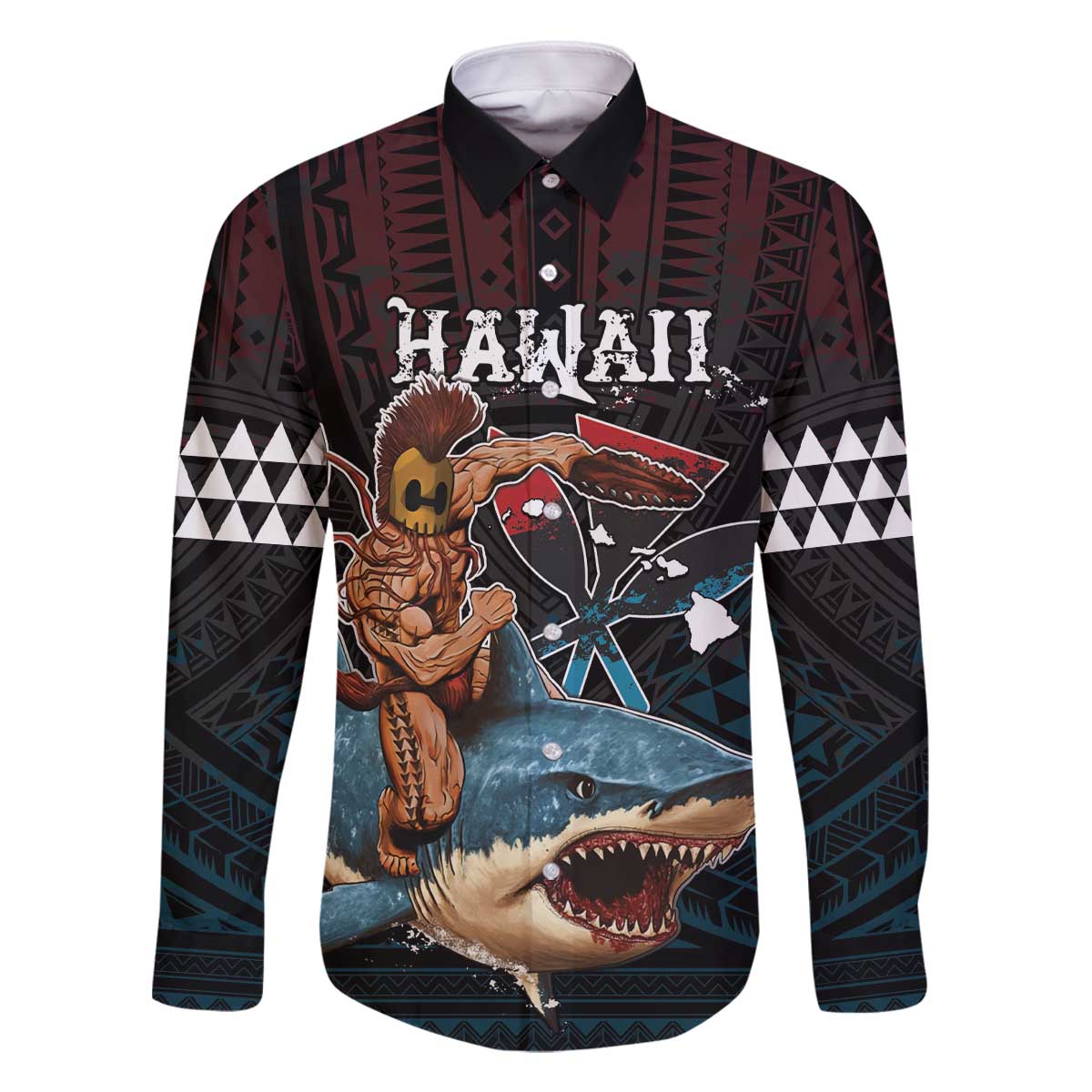Hawaii Ikaika Family Matching Off The Shoulder Long Sleeve Dress and Hawaiian Shirt Hawaiian Mythic Koa Tribal Warrior LT05 Dad's Shirt - Long Sleeve Black - Polynesian Pride