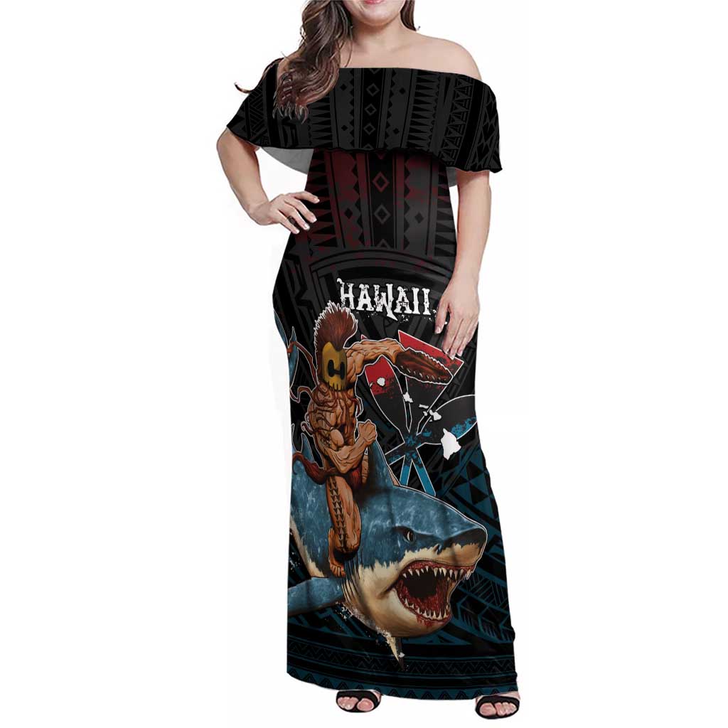 Hawaii Ikaika Family Matching Off Shoulder Maxi Dress and Hawaiian Shirt Hawaiian Mythic Koa Tribal Warrior LT05 Mom's Dress Black - Polynesian Pride