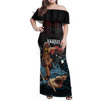 Hawaii Ikaika Family Matching Off Shoulder Maxi Dress and Hawaiian Shirt Hawaiian Mythic Koa Tribal Warrior LT05 Mom's Dress Black - Polynesian Pride