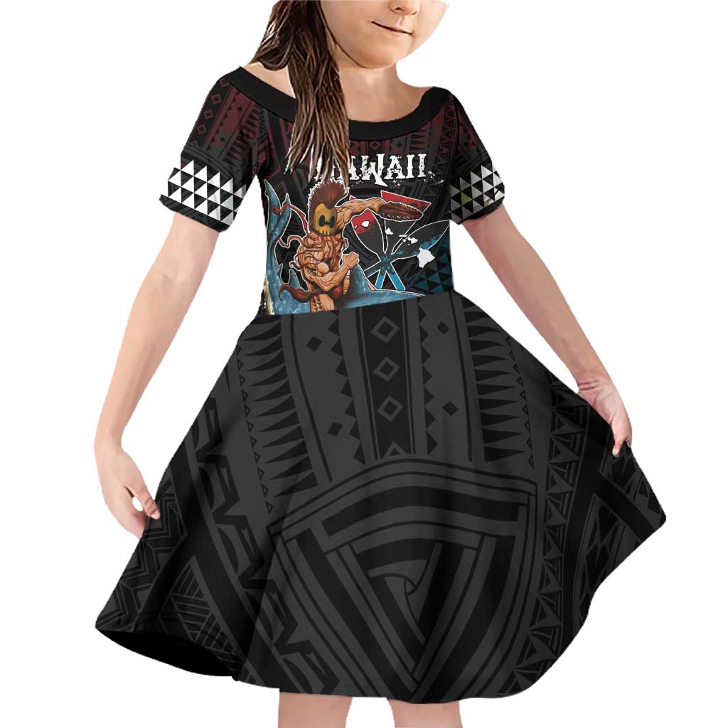 Hawaii Ikaika Family Matching Off Shoulder Short Dress and Hawaiian Shirt Hawaiian Mythic Koa Tribal Warrior LT05 Daughter's Dress Black - Polynesian Pride