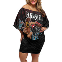 Hawaii Ikaika Family Matching Off Shoulder Short Dress and Hawaiian Shirt Hawaiian Mythic Koa Tribal Warrior LT05 Mom's Dress Black - Polynesian Pride