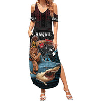 Hawaii Ikaika Family Matching Summer Maxi Dress and Hawaiian Shirt Hawaiian Mythic Koa Tribal Warrior LT05 Mom's Dress Black - Polynesian Pride