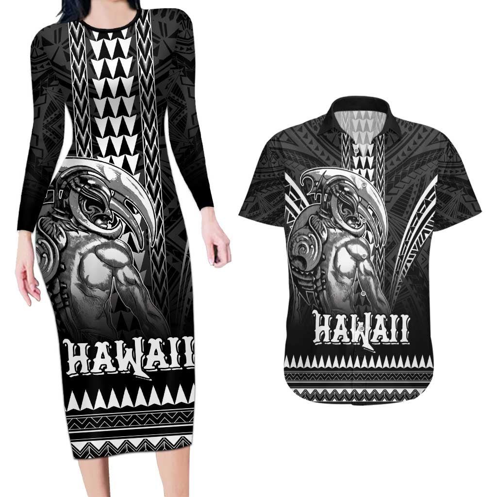 Hawaiian Ikaika Warrior Couples Matching Long Sleeve Bodycon Dress and Hawaiian Shirt Tribal Pattern LT05 Black - Polynesian Pride