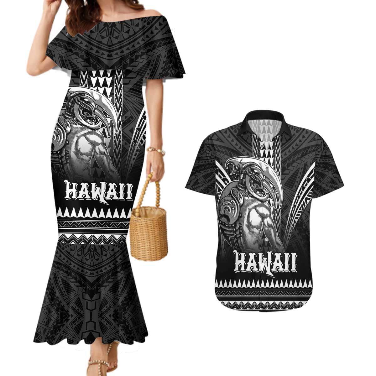 Hawaiian Ikaika Warrior Couples Matching Mermaid Dress and Hawaiian Shirt Tribal Pattern LT05 Black - Polynesian Pride