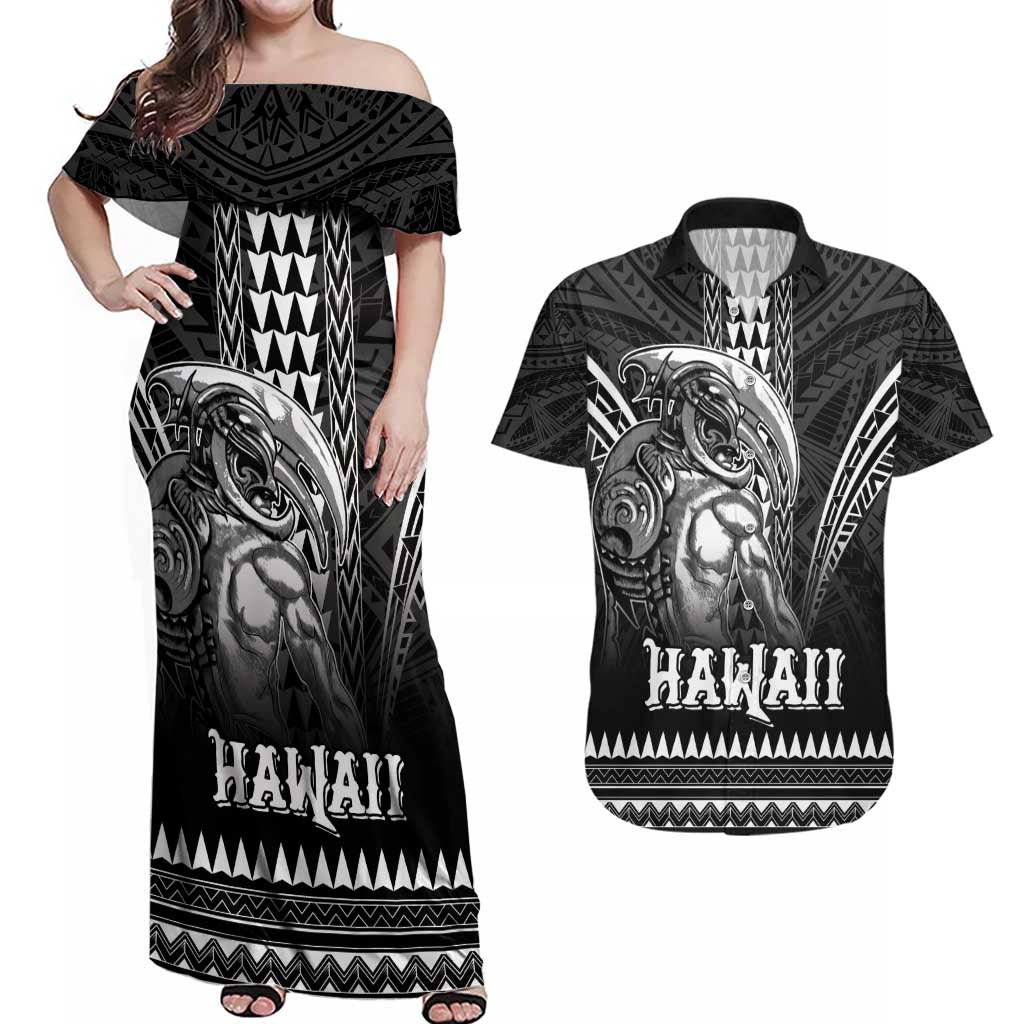 Hawaiian Ikaika Warrior Couples Matching Off Shoulder Maxi Dress and Hawaiian Shirt Tribal Pattern LT05 Black - Polynesian Pride
