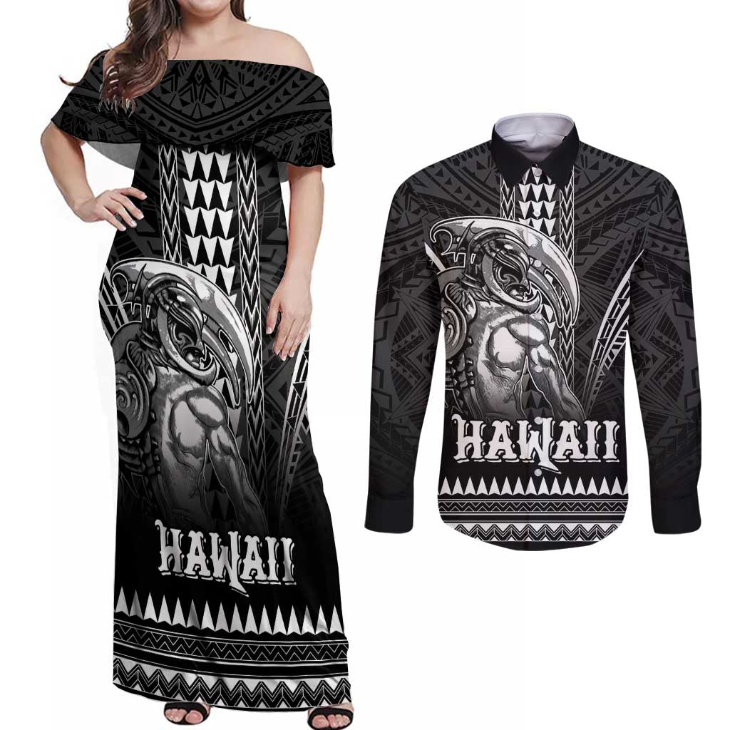 Hawaiian Ikaika Warrior Couples Matching Off Shoulder Maxi Dress and Long Sleeve Button Shirt Tribal Pattern LT05 Black - Polynesian Pride