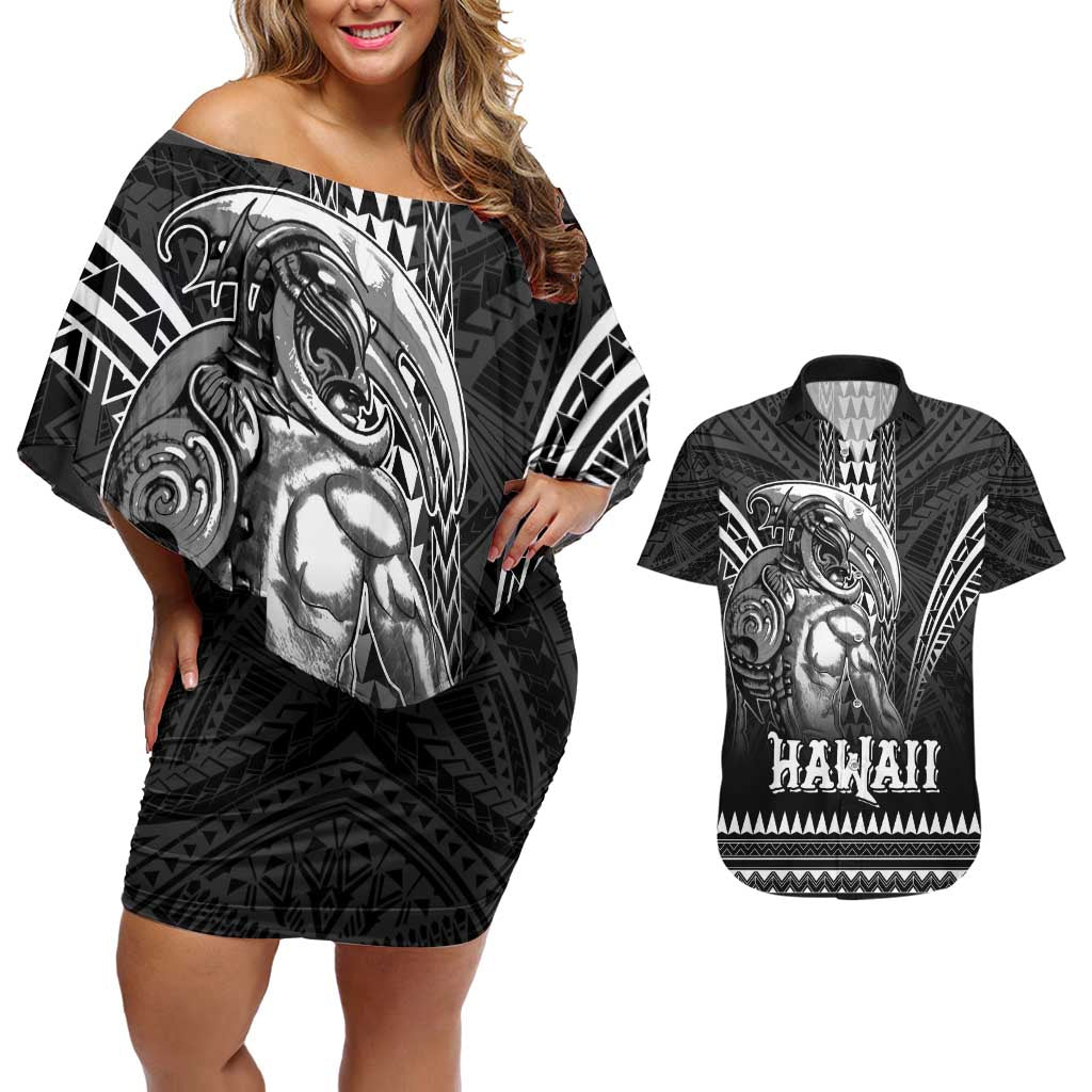 Hawaiian Ikaika Warrior Couples Matching Off Shoulder Short Dress and Hawaiian Shirt Tribal Pattern LT05 Black - Polynesian Pride