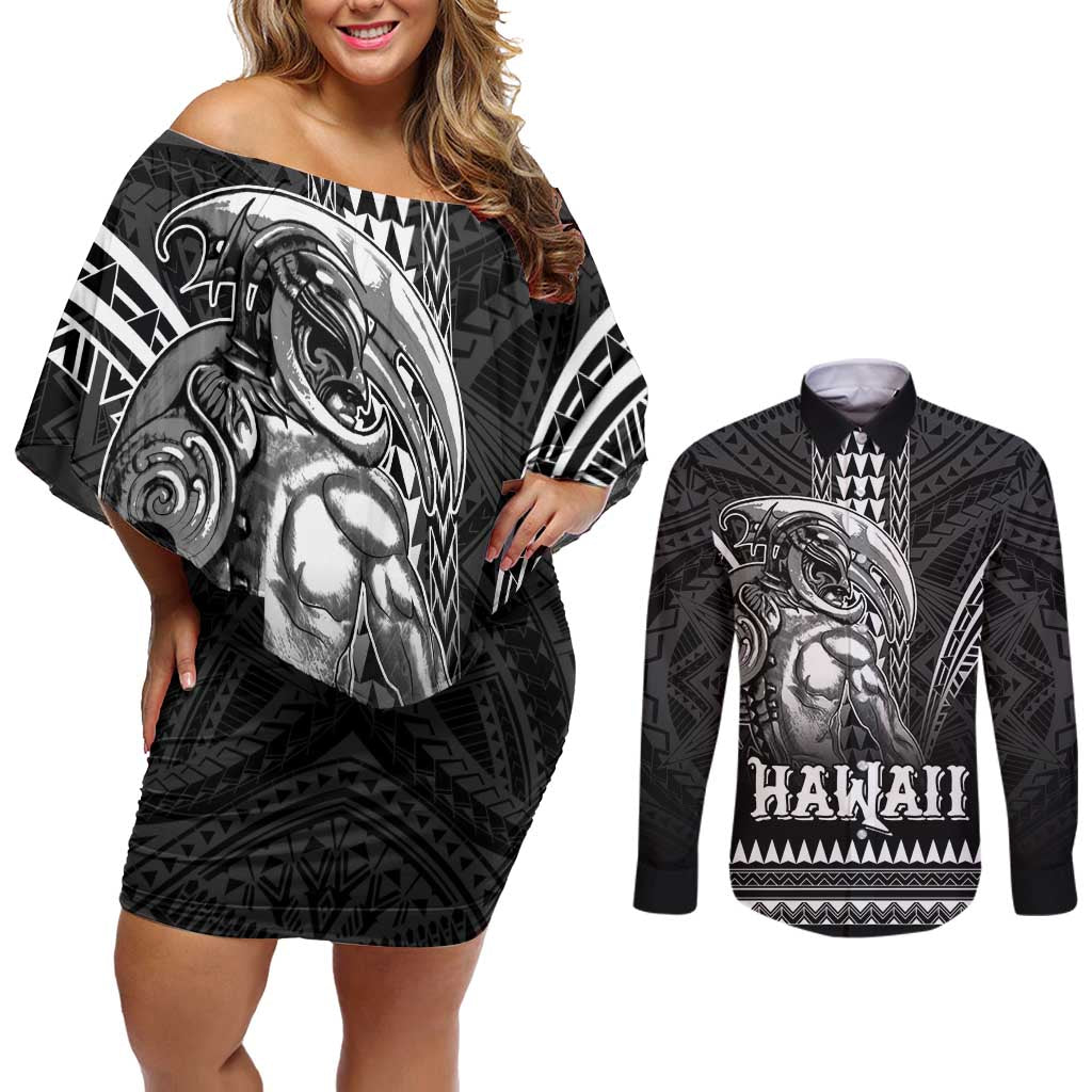 Hawaiian Ikaika Warrior Couples Matching Off Shoulder Short Dress and Long Sleeve Button Shirt Tribal Pattern LT05 Black - Polynesian Pride