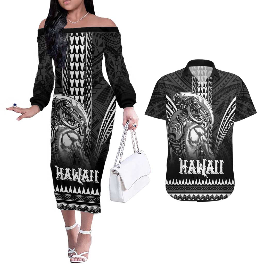 Hawaiian Ikaika Warrior Couples Matching Off The Shoulder Long Sleeve Dress and Hawaiian Shirt Tribal Pattern