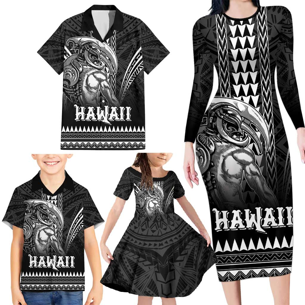 Hawaiian Ikaika Warrior Family Matching Long Sleeve Bodycon Dress and Hawaiian Shirt Tribal Pattern LT05 - Polynesian Pride