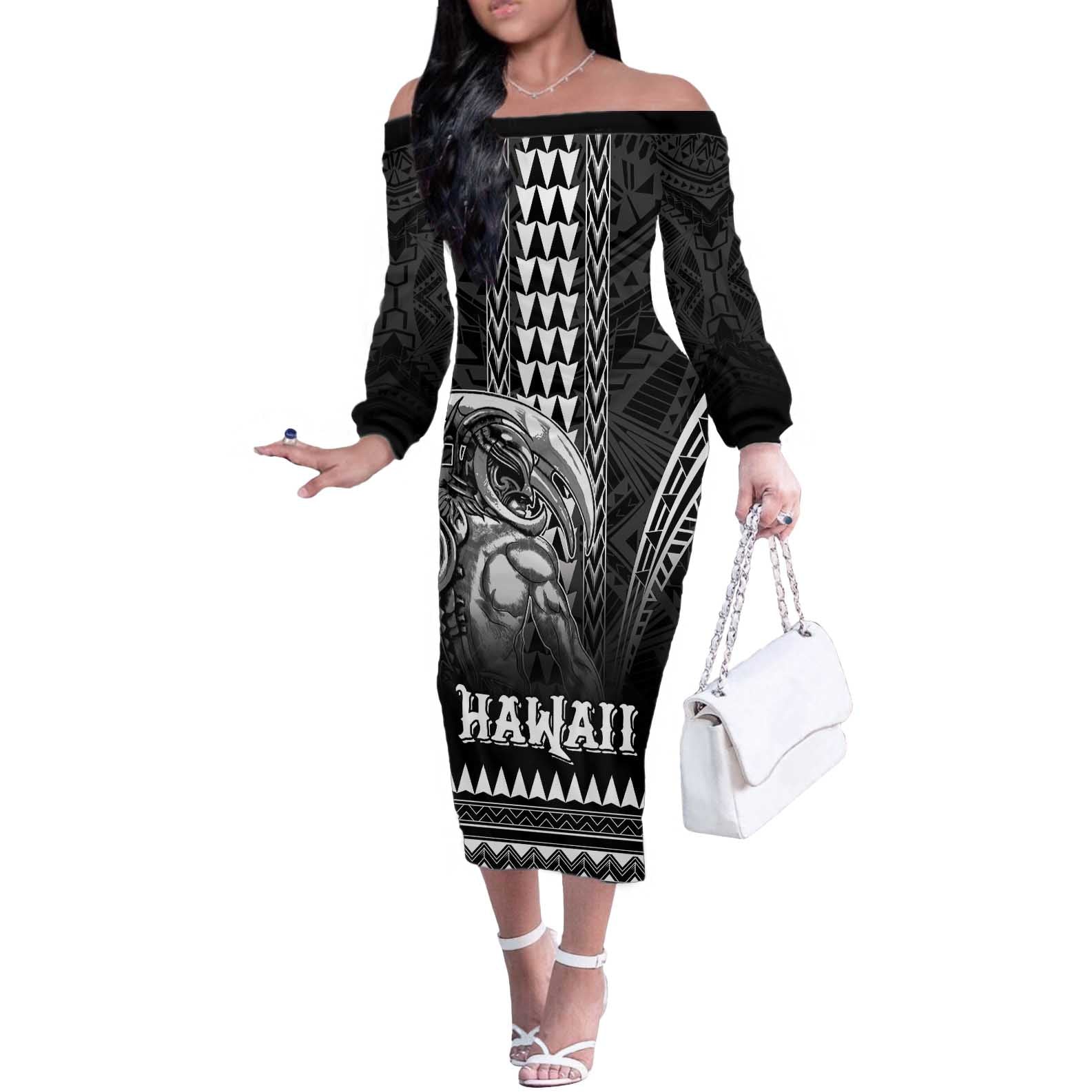 Hawaiian Ikaika Warrior Off The Shoulder Long Sleeve Dress Tribal Pattern LT05 Women Black - Polynesian Pride