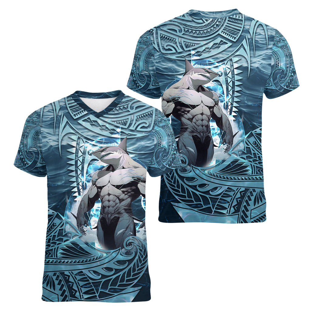 Hawaiian Shark God Kamohoalii Women V Neck T Shirt Polynesian Style LT05 - Polynesian Pride