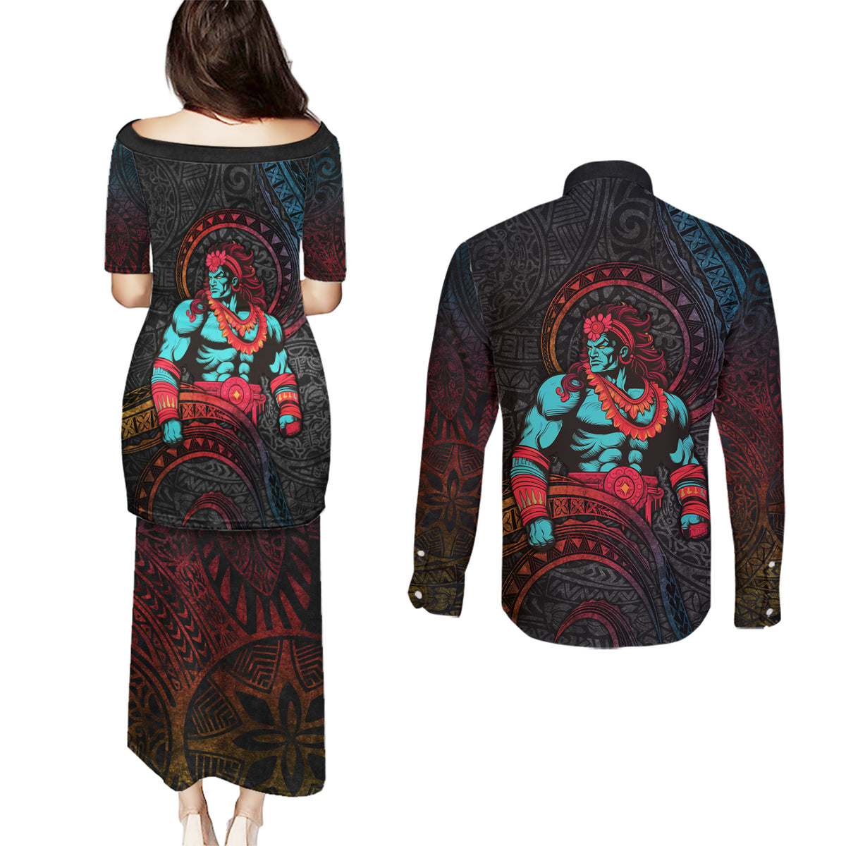 Hawaiian Demigod Maui Couples Matching Puletasi and Long Sleeve Button Shirt Polynesian Mythology LT05 - Polynesian Pride