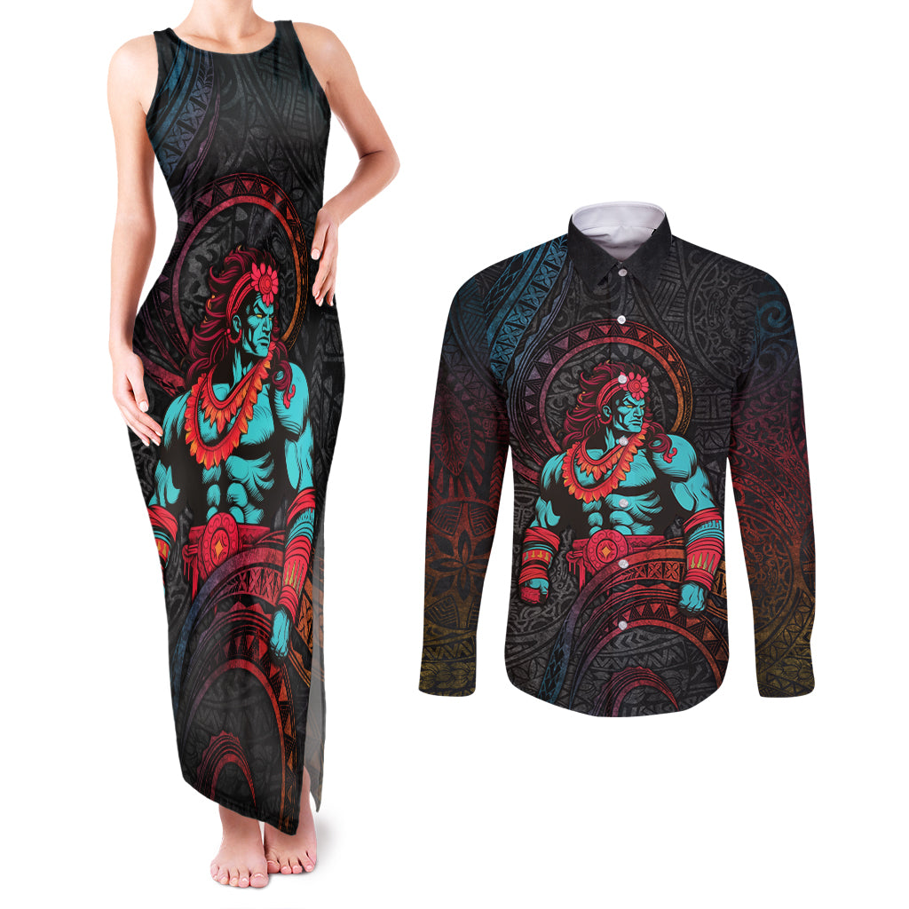 Hawaiian Demigod Maui Couples Matching Tank Maxi Dress and Long Sleeve Button Shirt Polynesian Mythology LT05 Black - Polynesian Pride