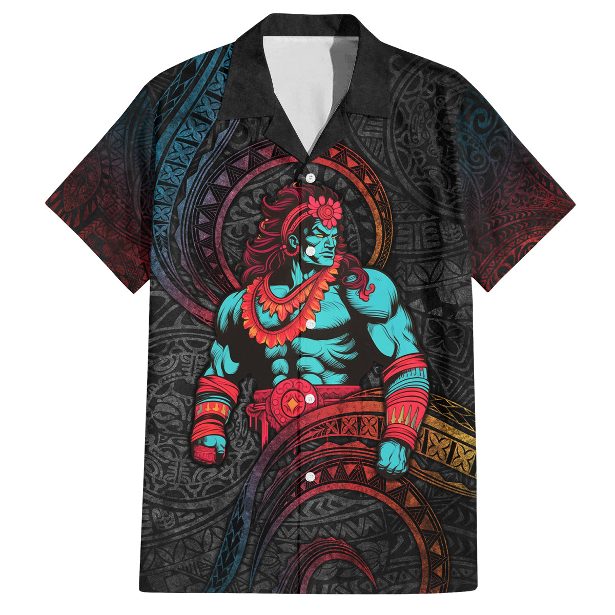 Hawaiian Demigod Maui Family Matching Tank Maxi Dress and Hawaiian Shirt Polynesian Mythology LT05 Dad's Shirt - Short Sleeve Black - Polynesian Pride