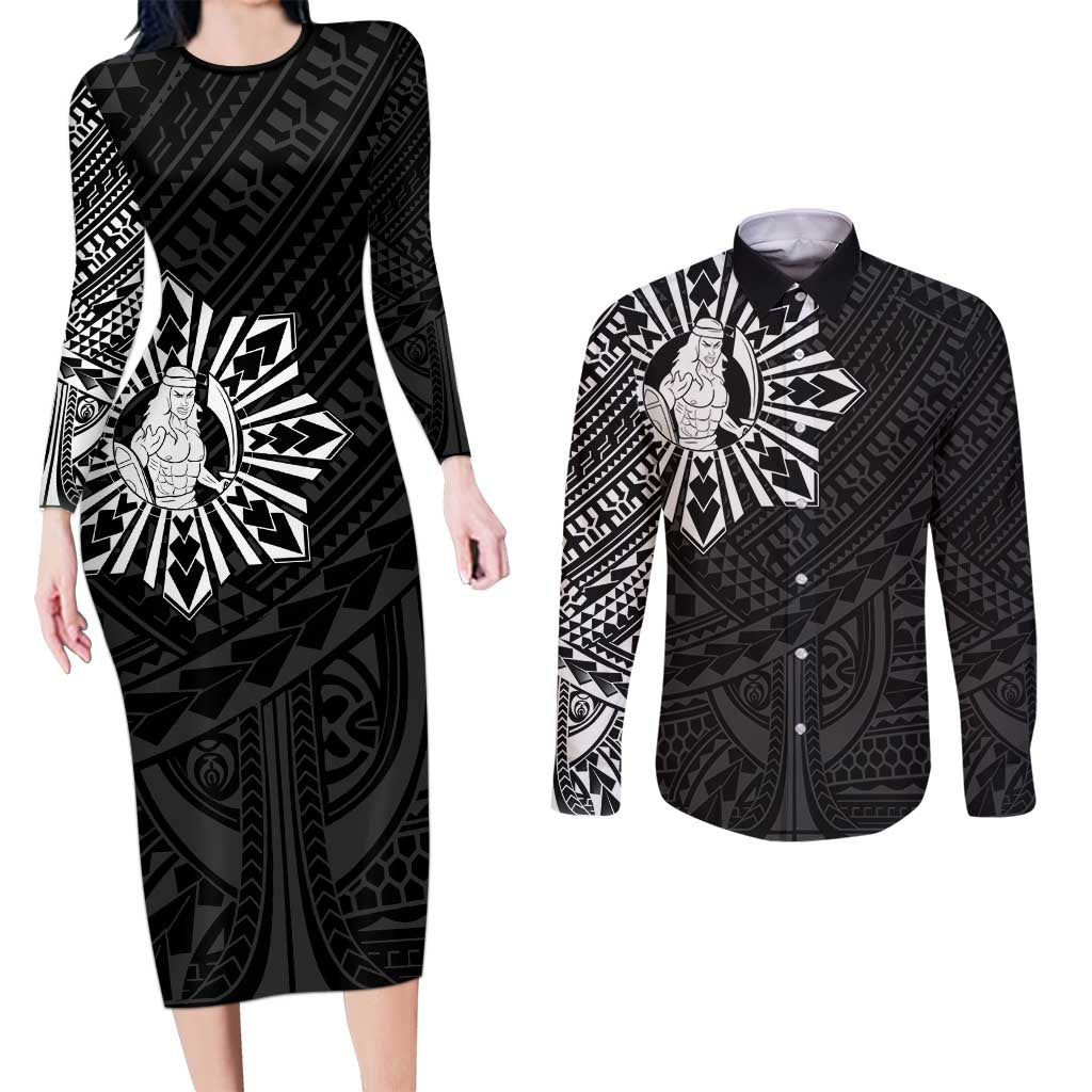 Philippines Tribal Couples Matching Long Sleeve Bodycon Dress and Long Sleeve Button Shirt King Lapu Lapu Black Version LT05 Black - Polynesian Pride