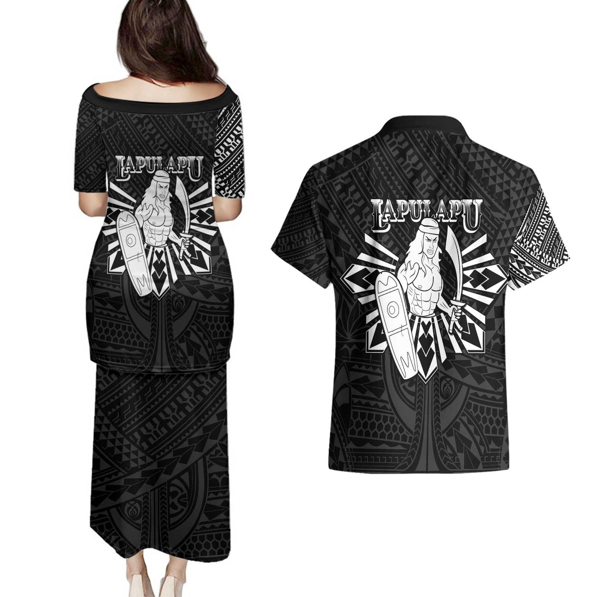 Philippines Tribal Couples Matching Puletasi and Hawaiian Shirt King Lapu Lapu Black Version