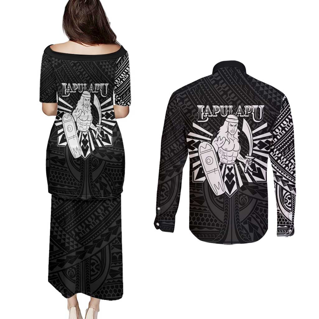 Philippines Tribal Couples Matching Puletasi and Long Sleeve Button Shirt King Lapu Lapu Black Version