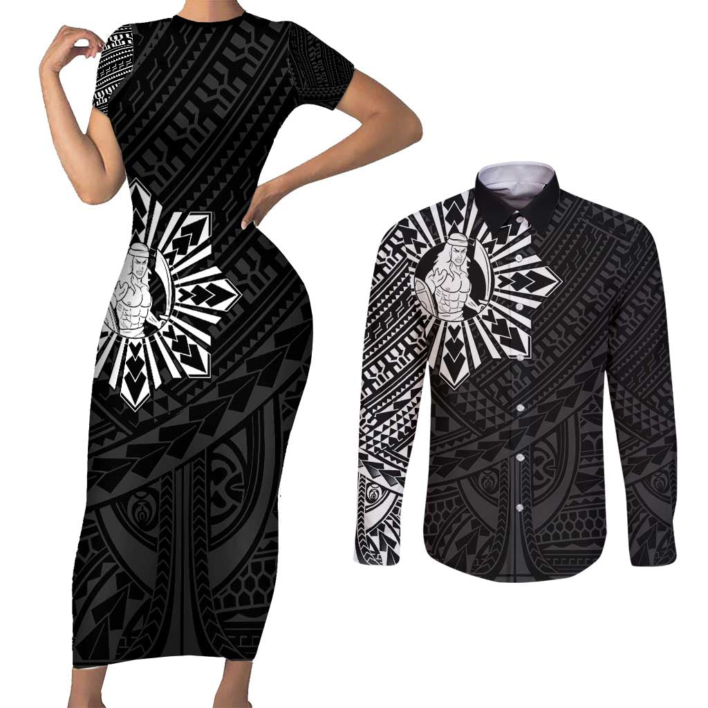 Philippines Tribal Couples Matching Short Sleeve Bodycon Dress and Long Sleeve Button Shirt King Lapu Lapu Black Version LT05 Black - Polynesian Pride