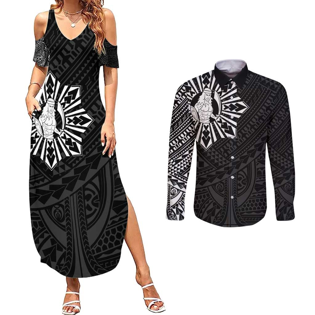 Philippines Tribal Couples Matching Summer Maxi Dress and Long Sleeve Button Shirt King Lapu Lapu Black Version LT05 Black - Polynesian Pride