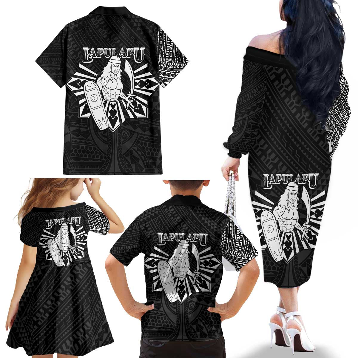 Philippines Tribal Family Matching Off The Shoulder Long Sleeve Dress and Hawaiian Shirt King Lapu Lapu Black Version LT05 - Polynesian Pride