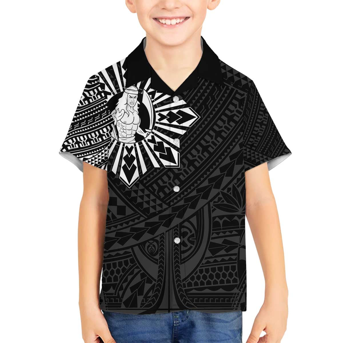 Philippines Tribal Family Matching Off The Shoulder Long Sleeve Dress and Hawaiian Shirt King Lapu Lapu Black Version LT05 Son's Shirt Black - Polynesian Pride
