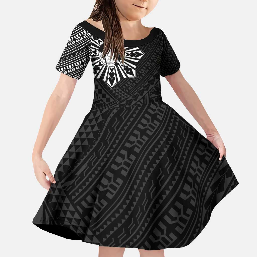Philippines Tribal Family Matching Summer Maxi Dress and Hawaiian Shirt King Lapu Lapu Black Version