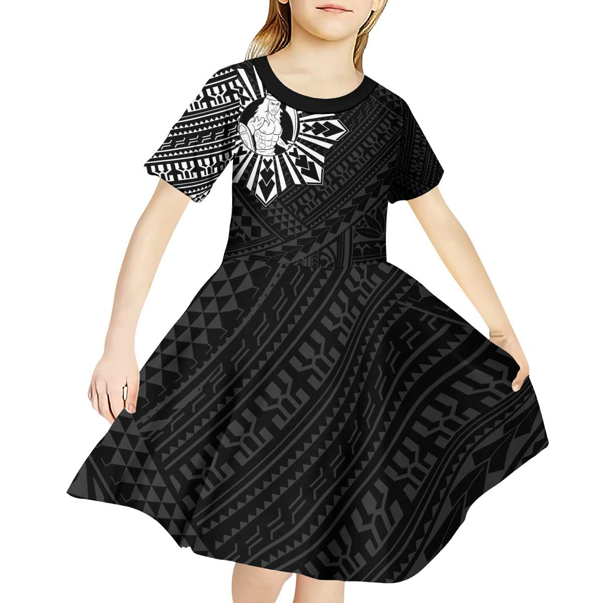 Philippines Tribal Kid Short Sleeve Dress King Lapu Lapu Black Version