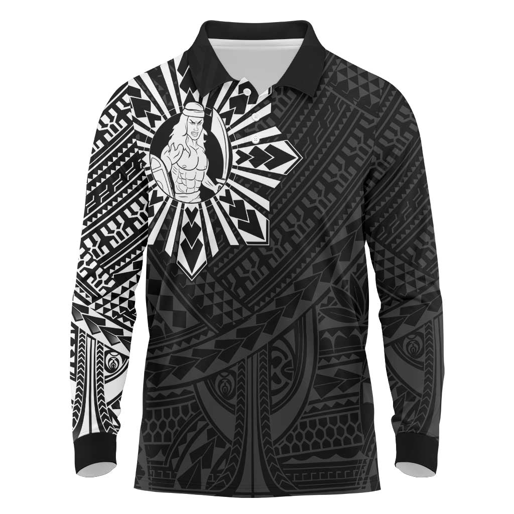 Philippines Tribal Long Sleeve Polo Shirt King Lapu Lapu Black Version