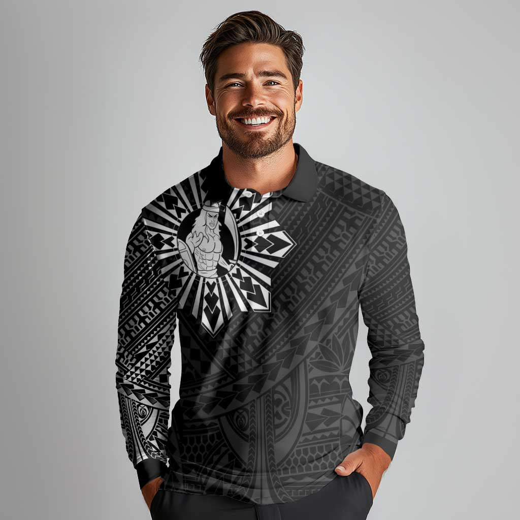 Philippines Tribal Long Sleeve Polo Shirt King Lapu Lapu Black Version