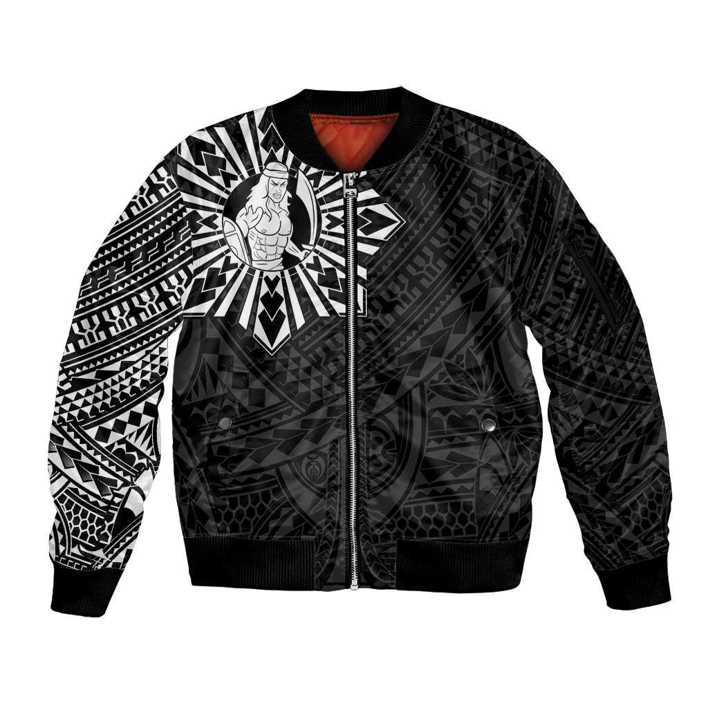 Philippines Tribal Sleeve Zip Bomber Jacket King Lapu Lapu Black Version