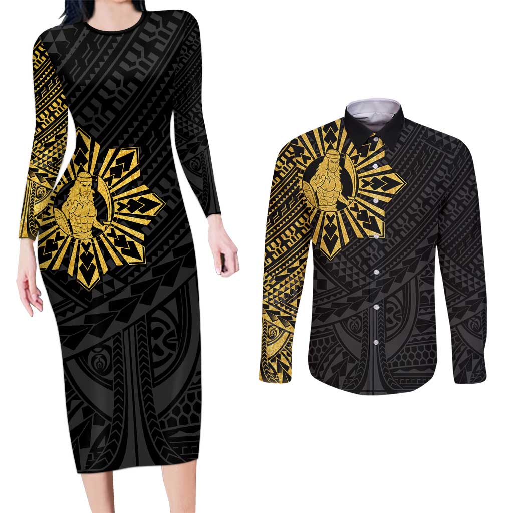 Philippines Tribal Couples Matching Long Sleeve Bodycon Dress and Long Sleeve Button Shirt King Lapu Lapu Gold Version LT05 Gold - Polynesian Pride