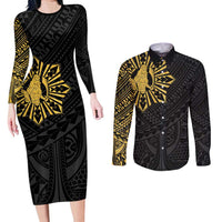 Philippines Tribal Couples Matching Long Sleeve Bodycon Dress and Long Sleeve Button Shirt King Lapu Lapu Gold Version LT05 Gold - Polynesian Pride