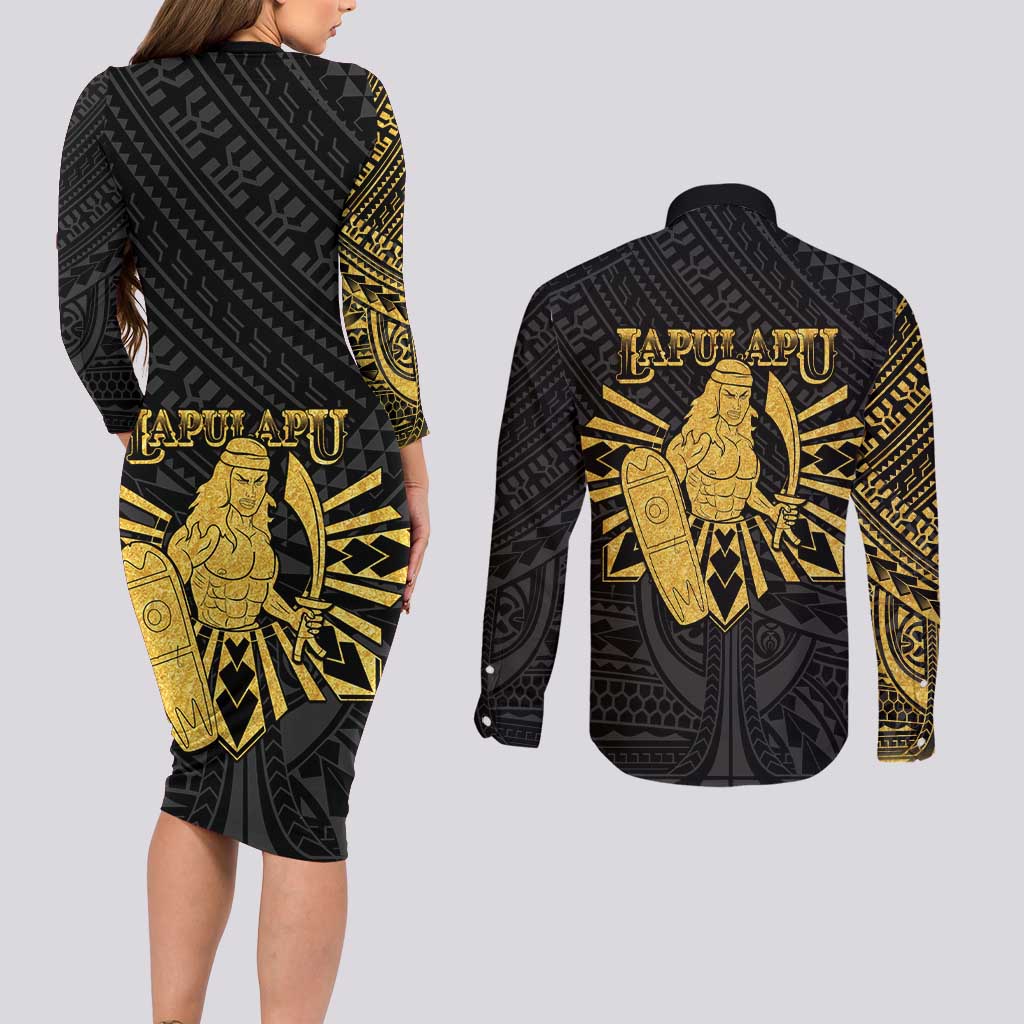 Philippines Tribal Couples Matching Long Sleeve Bodycon Dress and Long Sleeve Button Shirt King Lapu Lapu Gold Version LT05 - Polynesian Pride