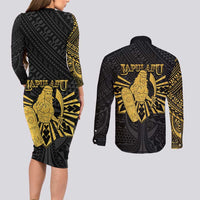 Philippines Tribal Couples Matching Long Sleeve Bodycon Dress and Long Sleeve Button Shirt King Lapu Lapu Gold Version LT05 - Polynesian Pride