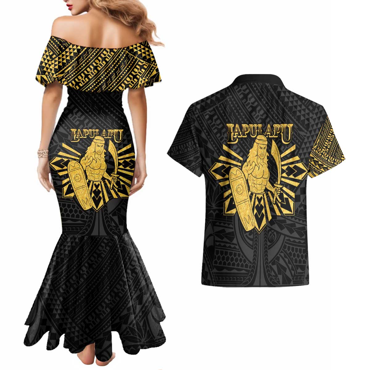 Philippines Tribal Couples Matching Mermaid Dress and Hawaiian Shirt King Lapu Lapu Gold Version