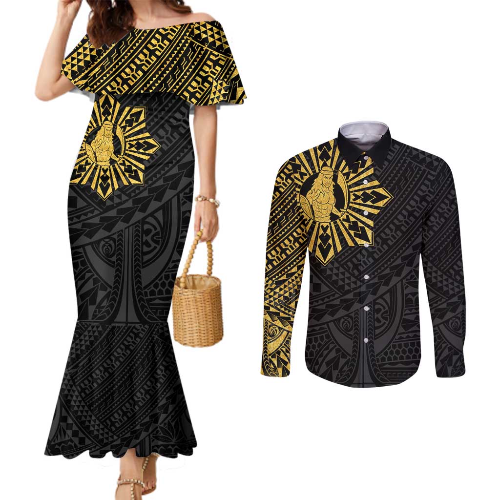 Philippines Tribal Couples Matching Mermaid Dress and Long Sleeve Button Shirt King Lapu Lapu Gold Version LT05 Gold - Polynesian Pride