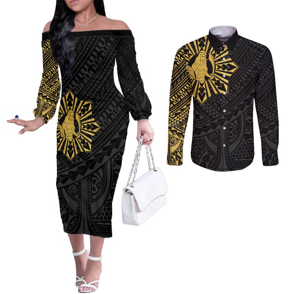 Philippines Tribal Couples Matching Off The Shoulder Long Sleeve Dress and Long Sleeve Button Shirt King Lapu Lapu Gold Version LT05 Gold - Polynesian Pride