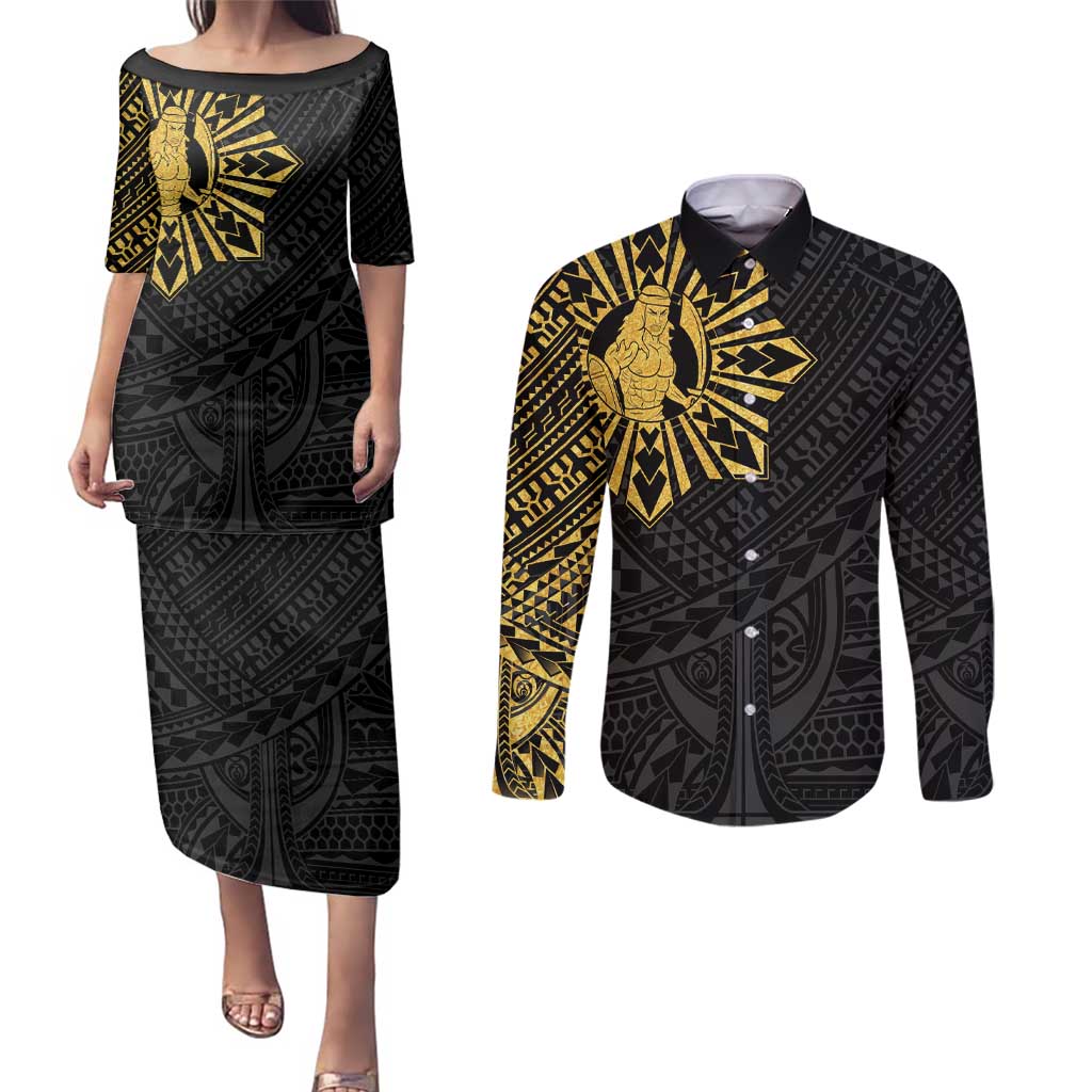 Philippines Tribal Couples Matching Puletasi and Long Sleeve Button Shirt King Lapu Lapu Gold Version LT05 Gold - Polynesian Pride
