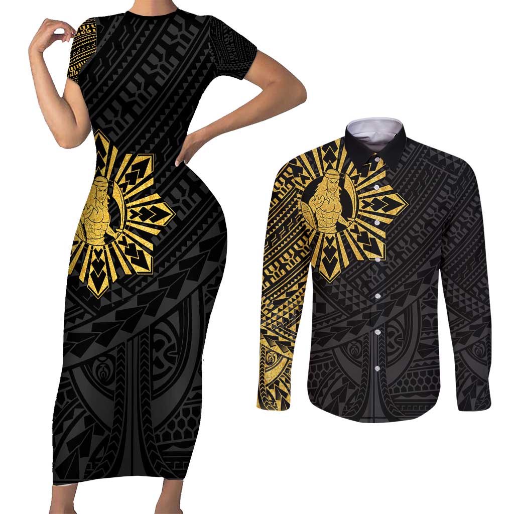 Philippines Tribal Couples Matching Short Sleeve Bodycon Dress and Long Sleeve Button Shirt King Lapu Lapu Gold Version LT05 Gold - Polynesian Pride