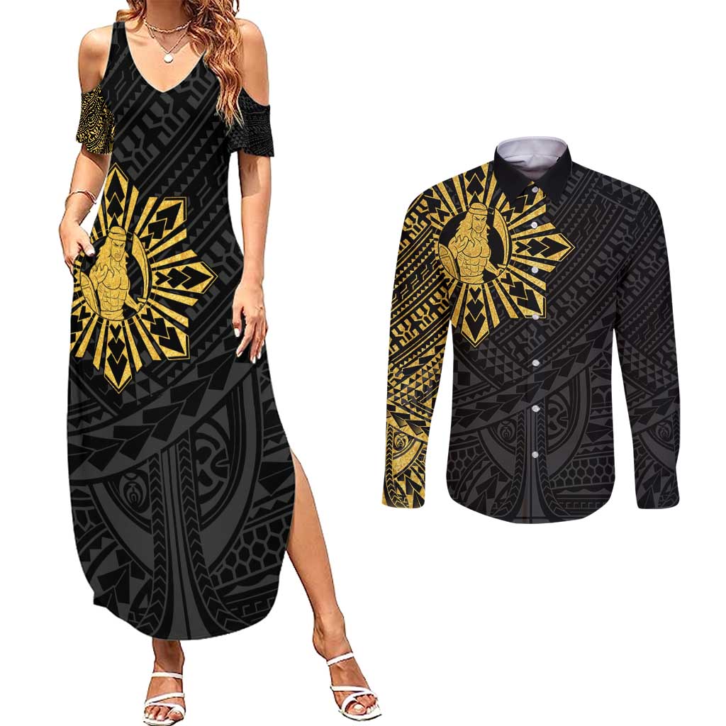 Philippines Tribal Couples Matching Summer Maxi Dress and Long Sleeve Button Shirt King Lapu Lapu Gold Version LT05 Gold - Polynesian Pride