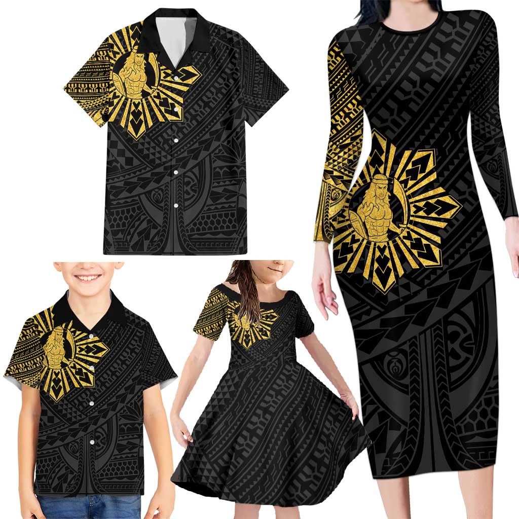 Philippines Tribal Family Matching Long Sleeve Bodycon Dress and Hawaiian Shirt King Lapu Lapu Gold Version LT05 - Polynesian Pride