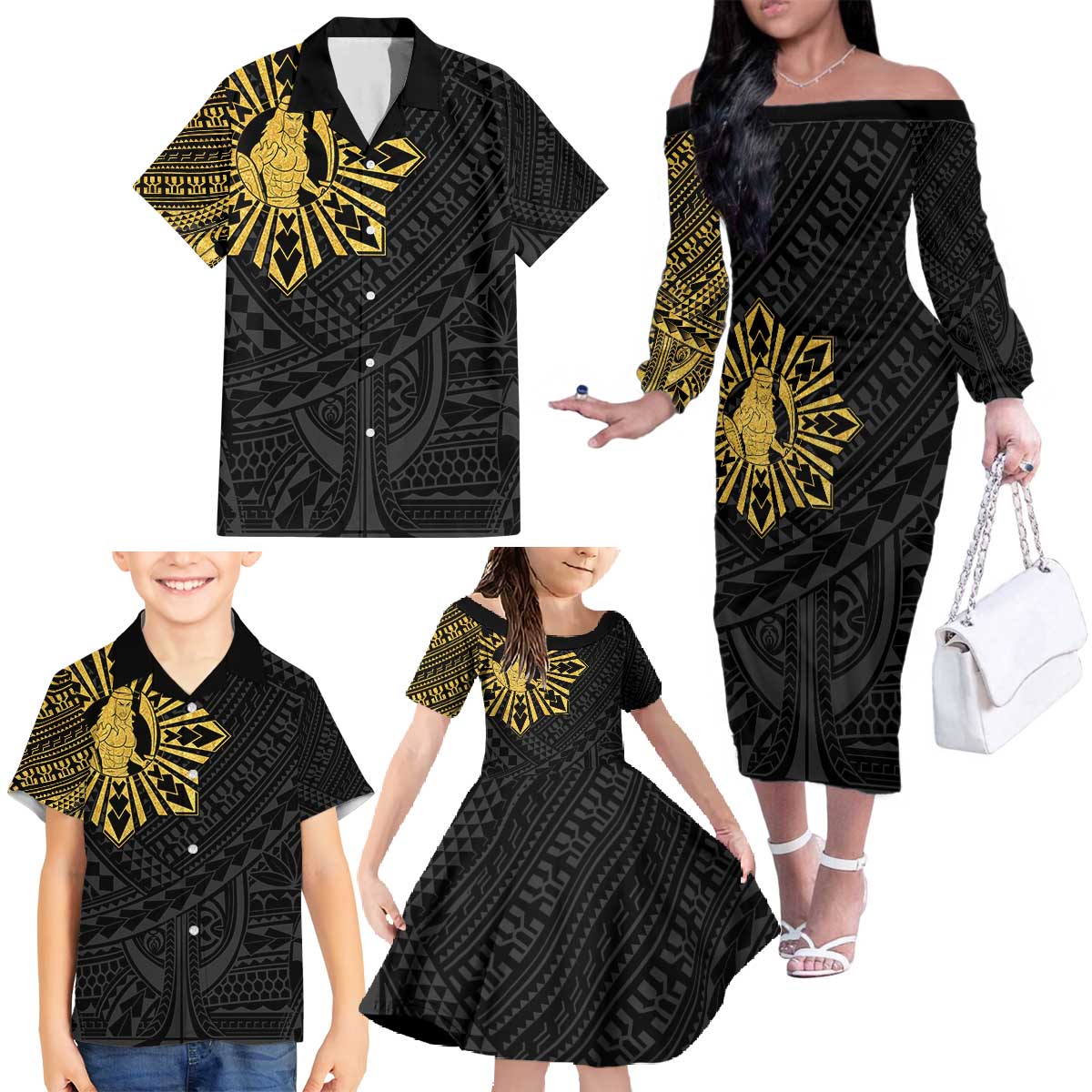 Philippines Tribal Family Matching Off The Shoulder Long Sleeve Dress and Hawaiian Shirt King Lapu Lapu Gold Version LT05 - Polynesian Pride