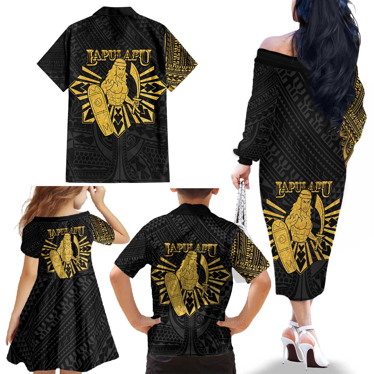 Philippines Tribal Family Matching Off The Shoulder Long Sleeve Dress and Hawaiian Shirt King Lapu Lapu Gold Version LT05 - Polynesian Pride