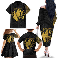 Philippines Tribal Family Matching Off The Shoulder Long Sleeve Dress and Hawaiian Shirt King Lapu Lapu Gold Version LT05 - Polynesian Pride