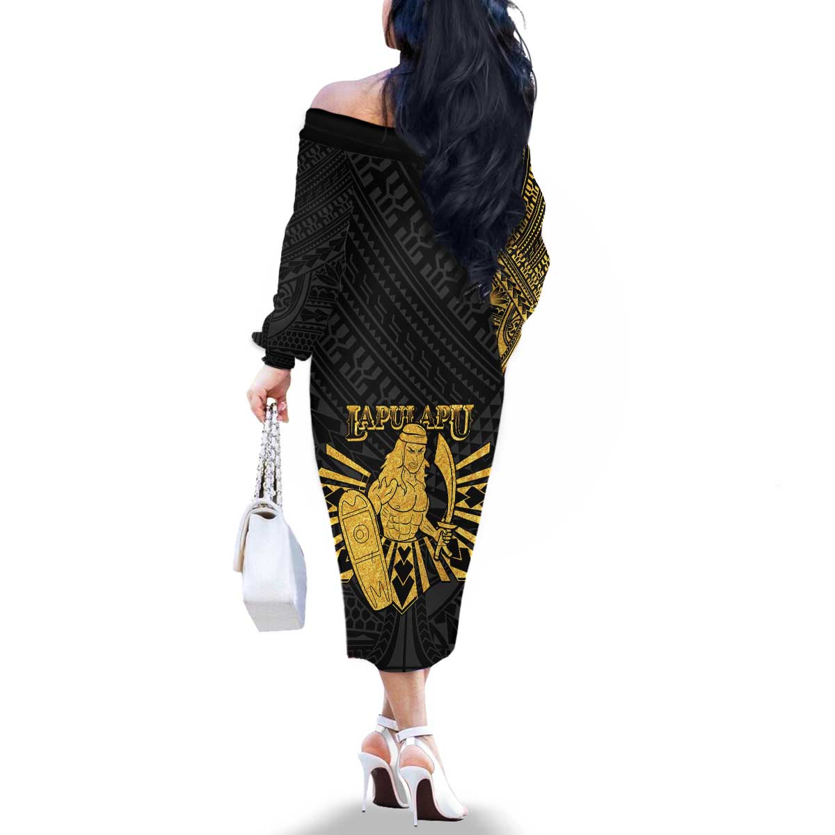 Philippines Tribal Family Matching Off The Shoulder Long Sleeve Dress and Hawaiian Shirt King Lapu Lapu Gold Version LT05 - Polynesian Pride