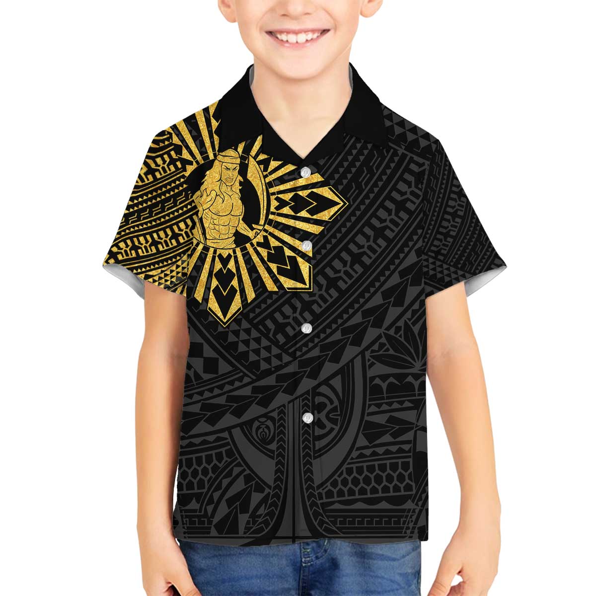 Philippines Tribal Family Matching Off The Shoulder Long Sleeve Dress and Hawaiian Shirt King Lapu Lapu Gold Version LT05 Son's Shirt Gold - Polynesian Pride