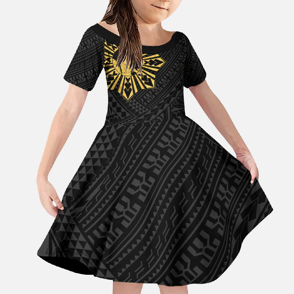 Philippines Tribal Family Matching Off Shoulder Maxi Dress and Hawaiian Shirt King Lapu Lapu Gold Version
